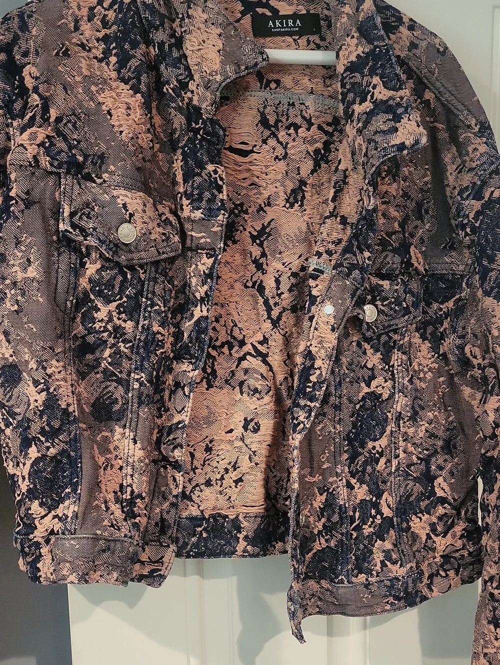 Womens Pink And Blue Patterned Button-Up Jean Jacket